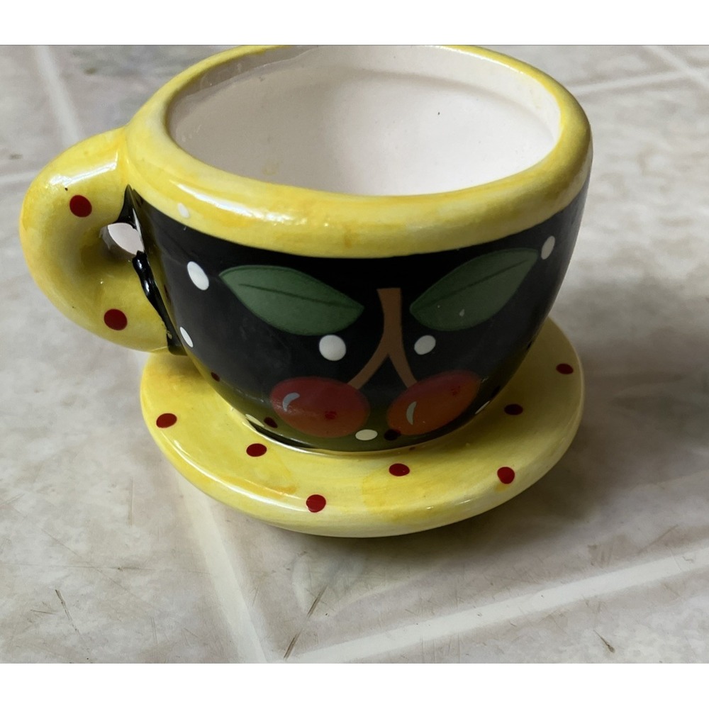Mary Engelbreit Miniature Tea Cup On Saucer Ornament Cherry Black Polka‎ Dots 2"